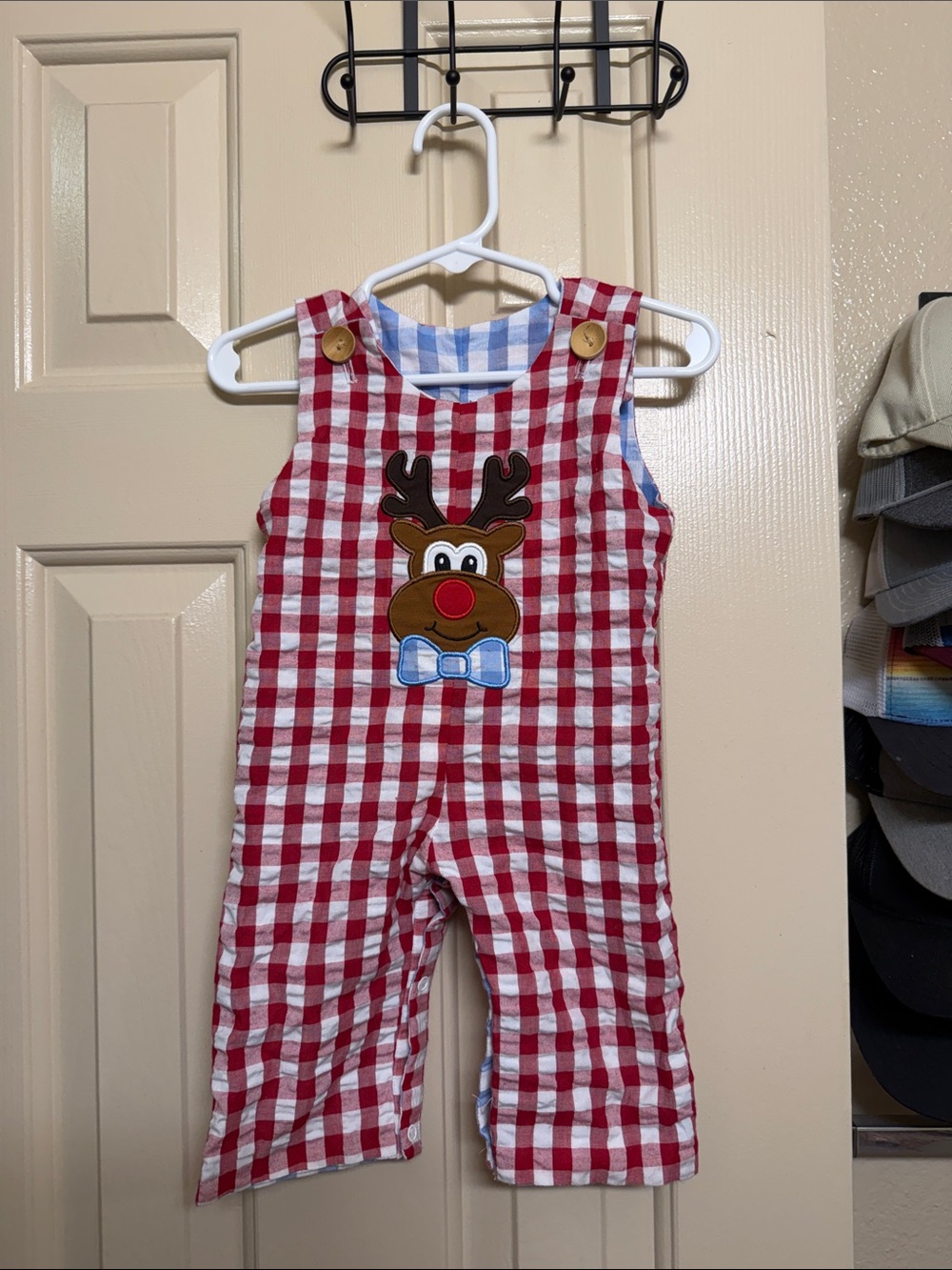 Reversible Red Gingham Reindeer/ Blue Gingham Santa  Appliqué Kids Overalls